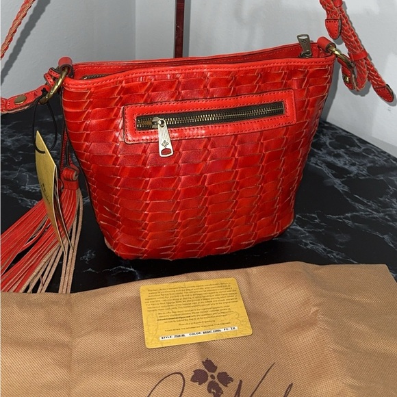 Patricia Nash Woven Leather Valbella Zip Crossbody Bright Coral Red AUTHENTIC - Picture 4 of 15